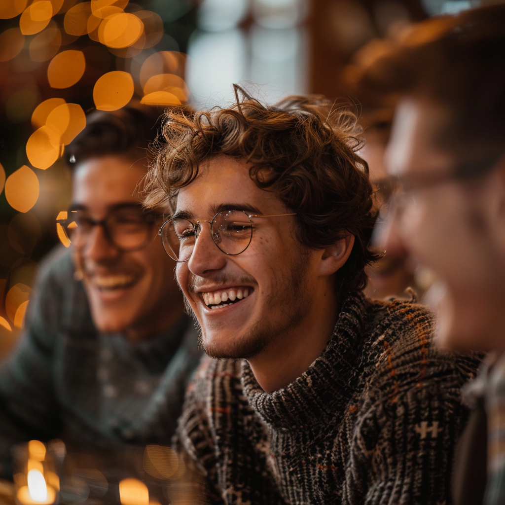 A closeup shot of young men laughing during a Christmas gathering