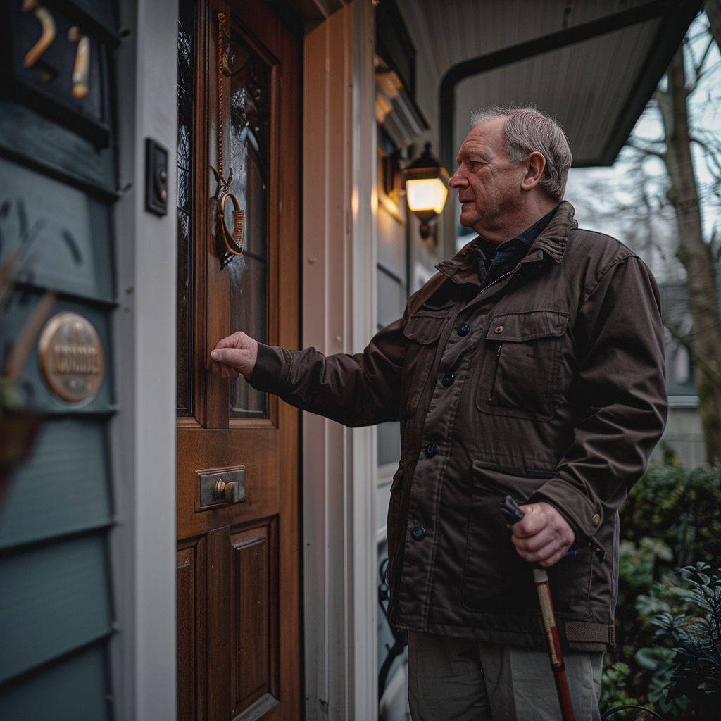 A man with a cane knocking on a front door