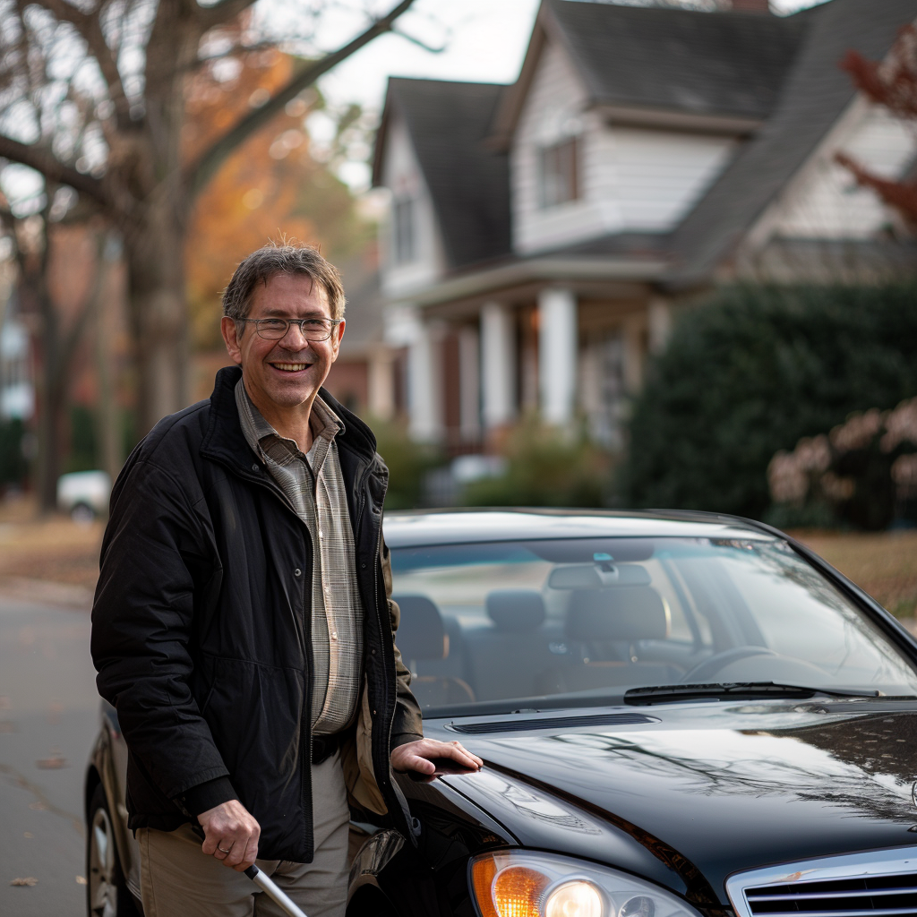A happy man with a cane standing next to his car in a neighborhood