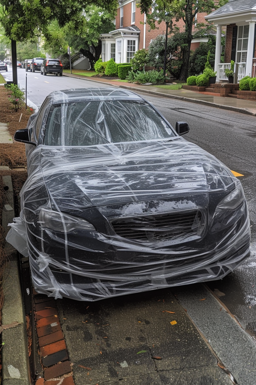A car wrapped in plastic tape standing in a neighborhood