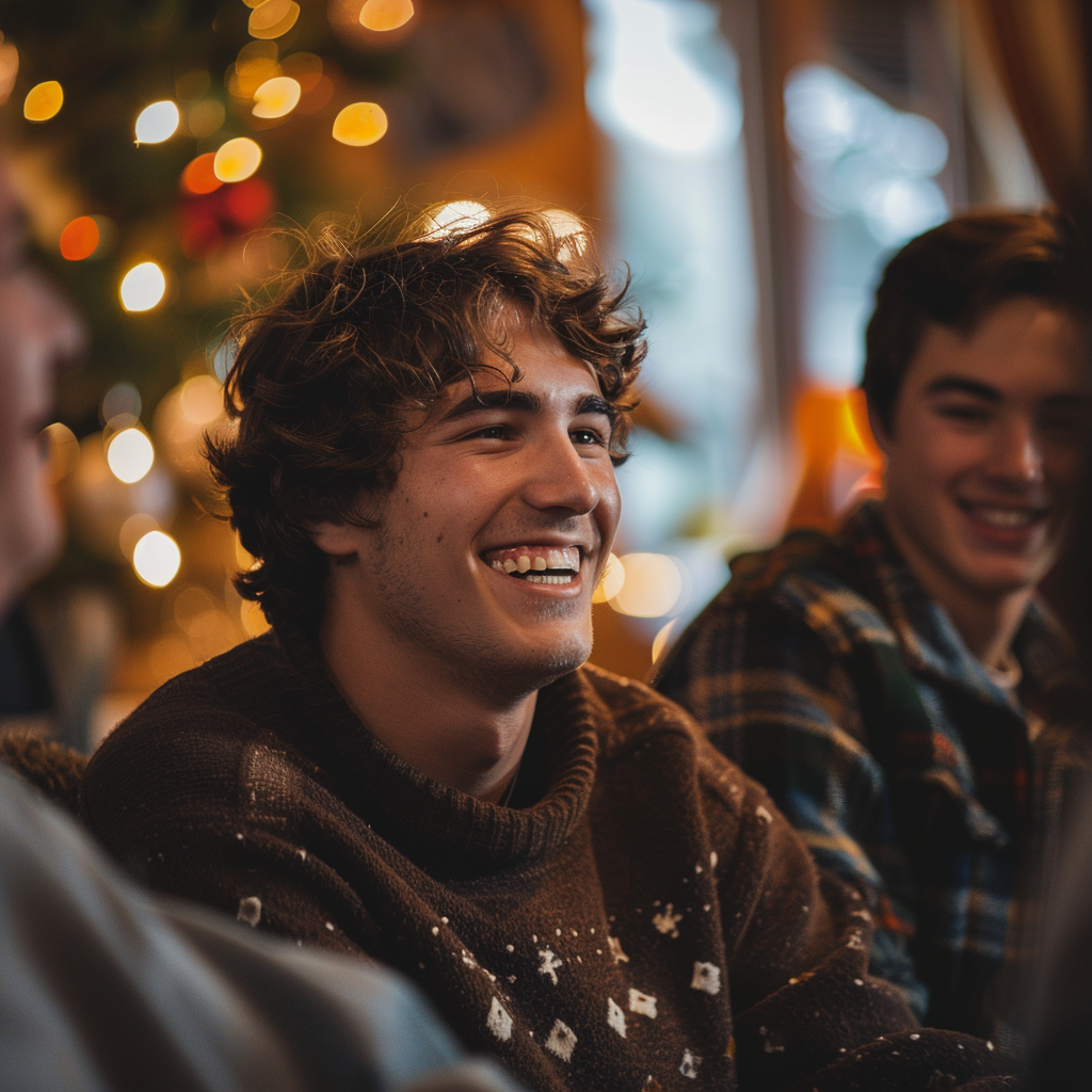 A young man laughs during a Christmas gathering