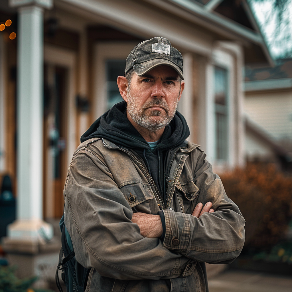 An angry man standing on the front porch of his house