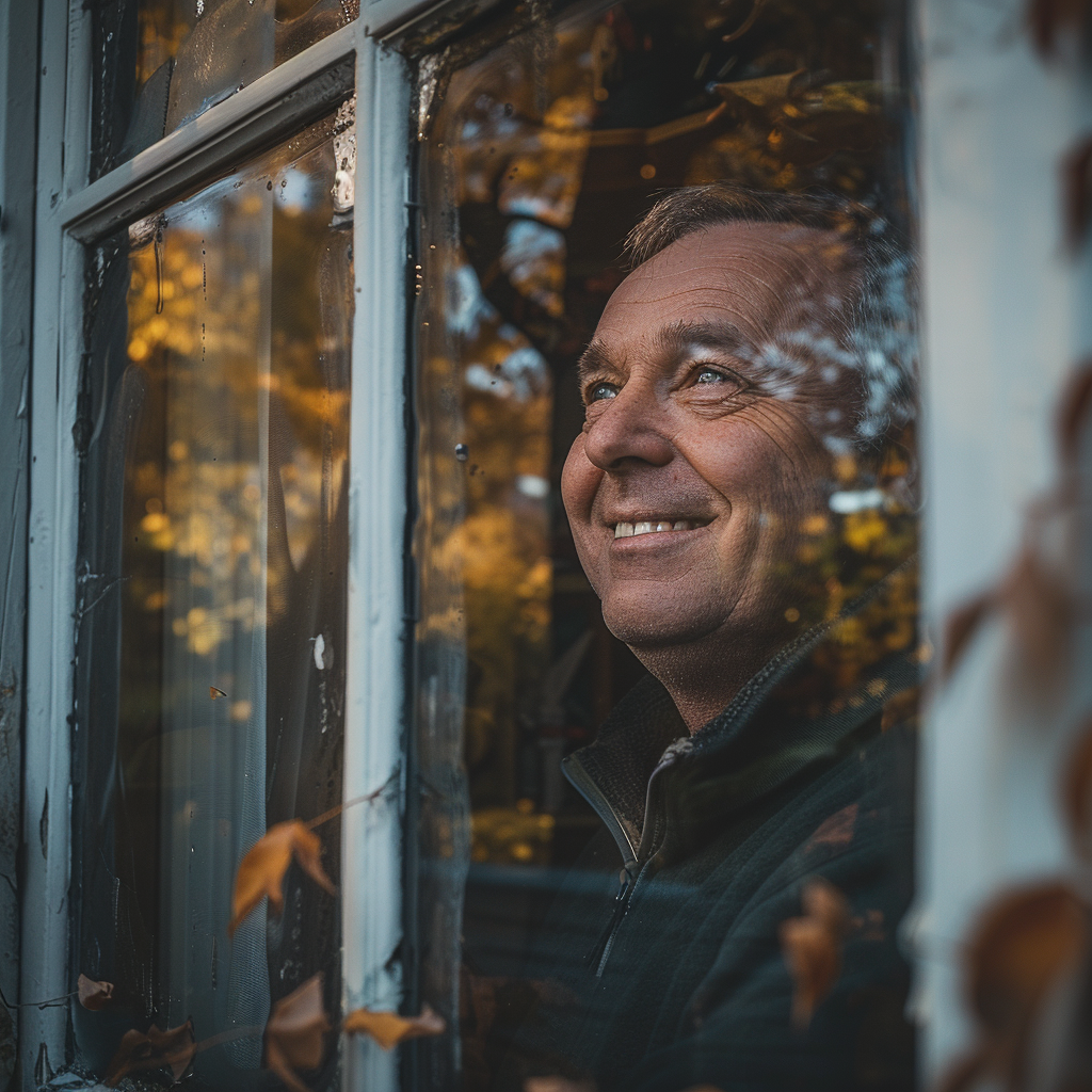 A man laughs while peeking through the window of his house