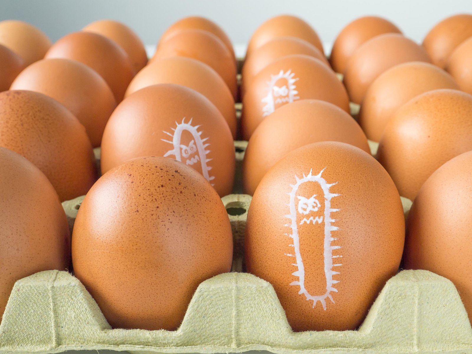 A visual reminder to double-check your fridge this morning. Aggressive germ illustrations drawn on brown eggs symbolize the invisible Salmonella contamination affecting millions of breakfast staples across the country.