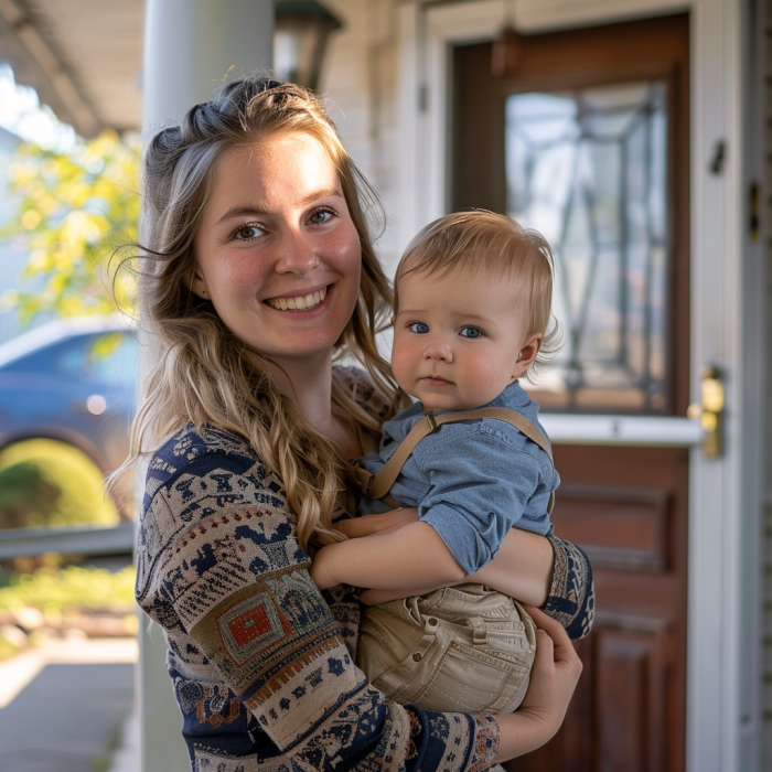 A woman holding a baby boy standing on the front porch of a house