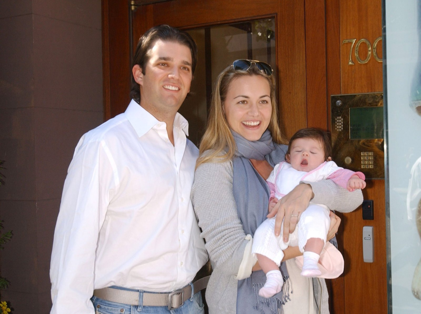 Donald Trump Jr. and wife Vanessa Trump pose with their daughter Kai Madison Trump on Madison Ave on September 29, 2007 in New York City