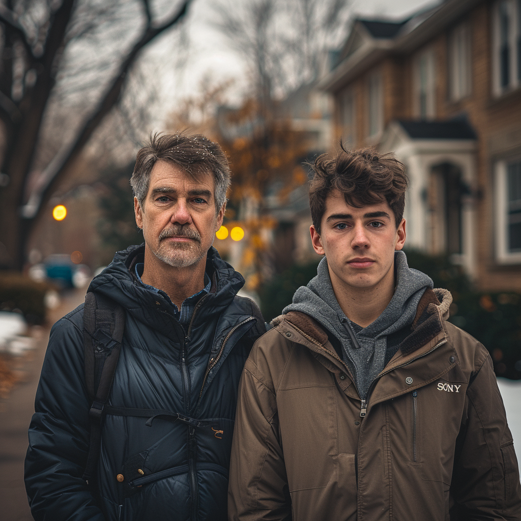 An entitled father-son duo standing in a neighborhood