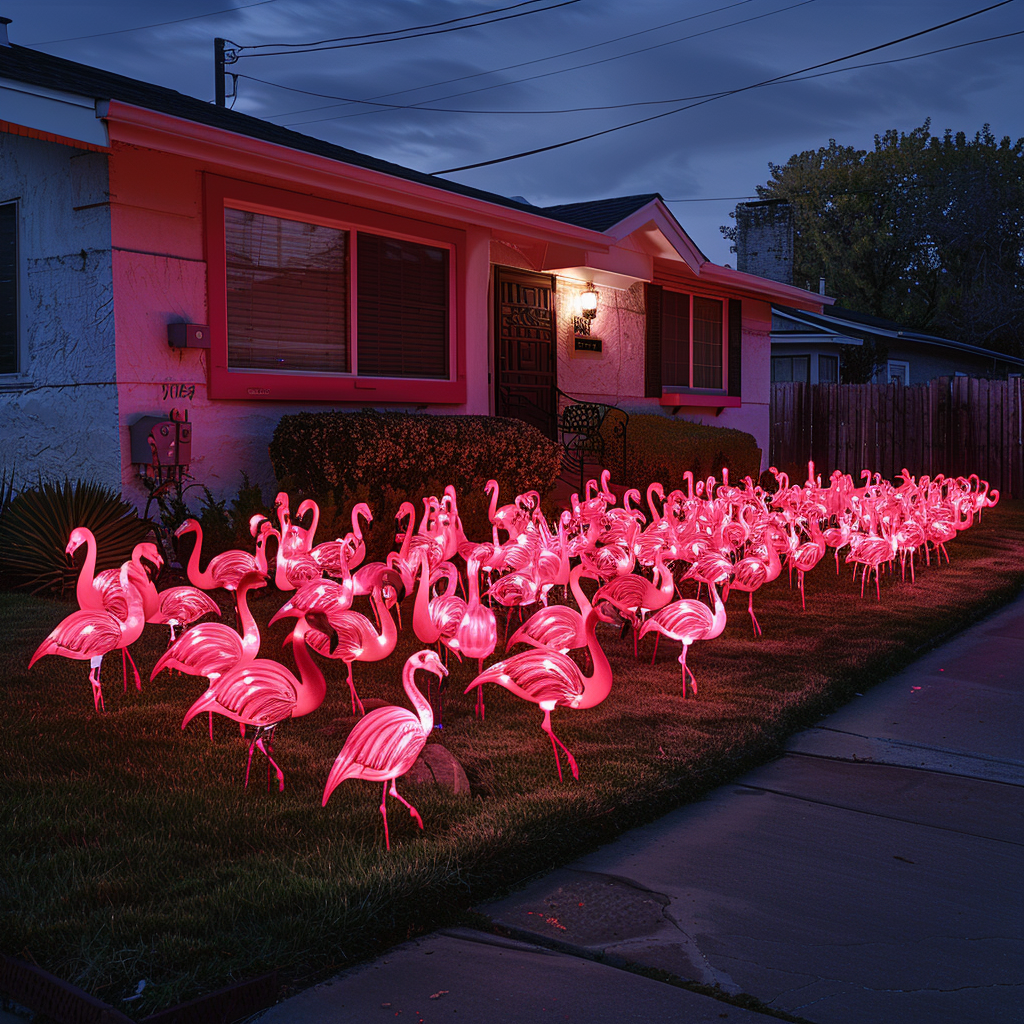 A front yard of a house covered in bright pink plastic flamingos