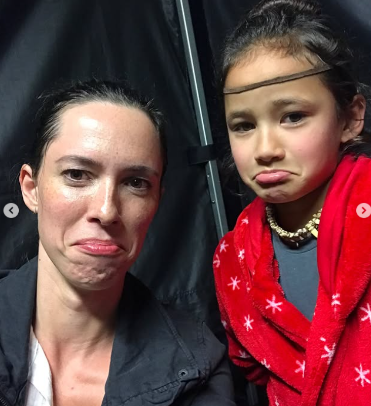 Rebecca Hall and Kaylee Hottle make matching playful expressions in a behind-the-scenes selfie taken during production of one of the "Godzilla" films. Rebecca included the image in a series of photos honoring her co-star's memory.