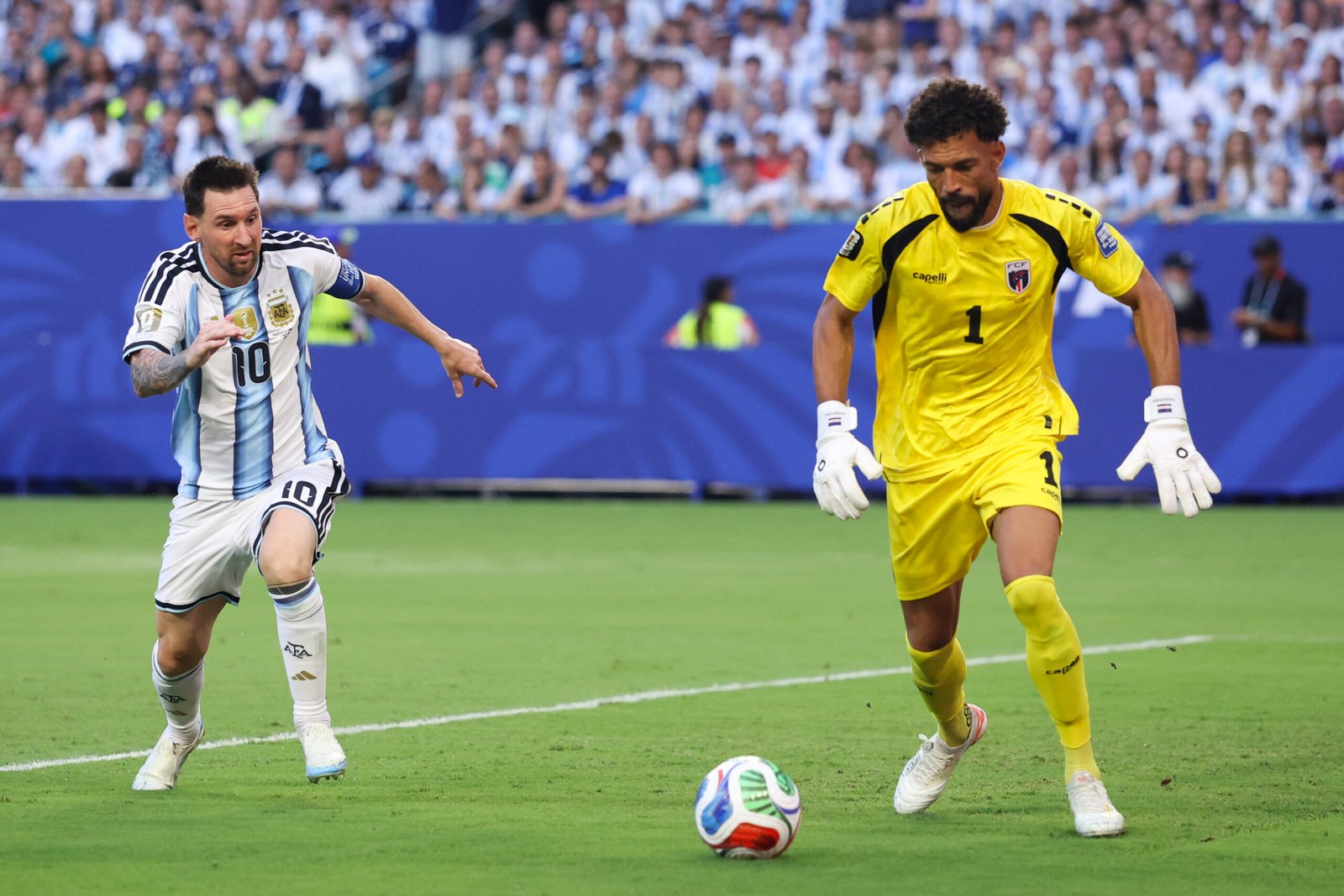 Lionel Messi and Vozinha during the FIFA World Cup 2026 Round of 32 match between Argentina and Cape Verde at Miami Stadium on July 3 in Miami Gardens, Florida.