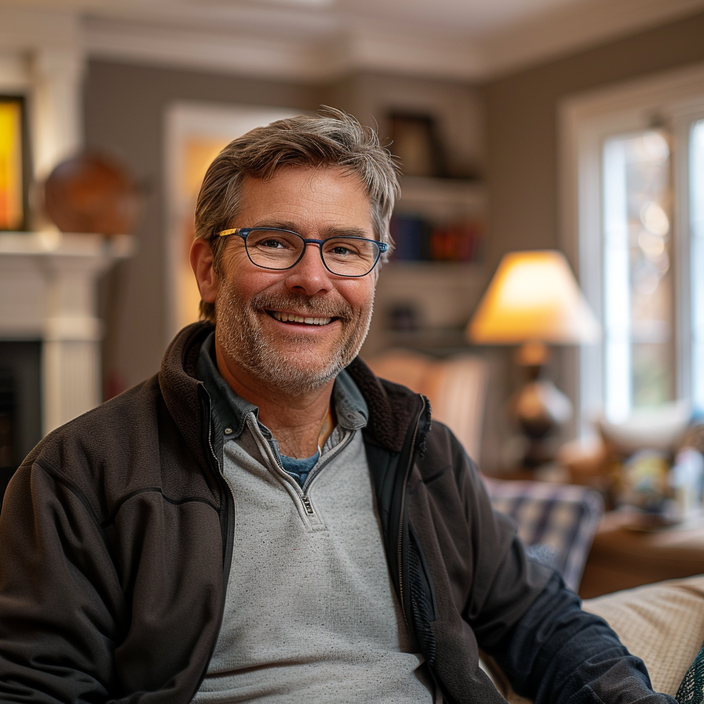 A man smiling while sitting in his living room